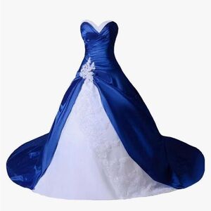 Blue and White Pleated Tiered Strapless Gown brand new without tags